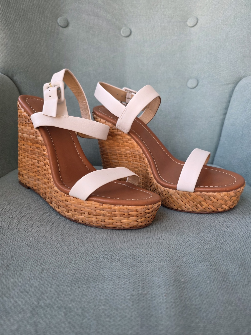 kate spade White Leather Woven Wedge Sandals
